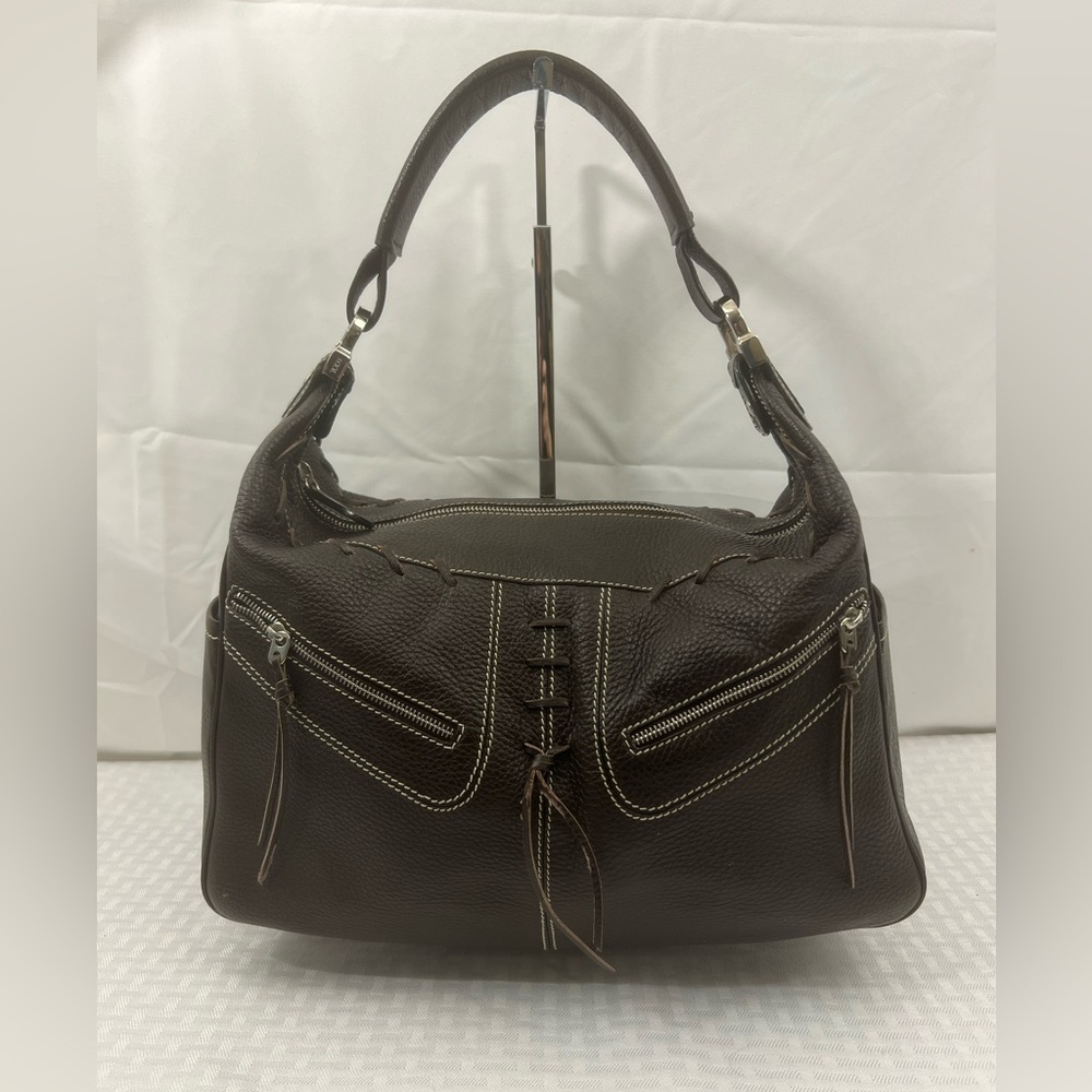 3014: Tod’s Chocolate Brown Pebbled Leather Satchel Shoulder Bag w Saddle Stitch